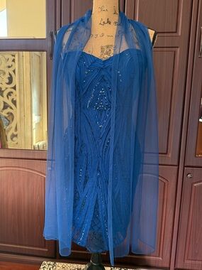 Alberto Makali Royal Blue Beaded Mini Dress with Sheer Shawl